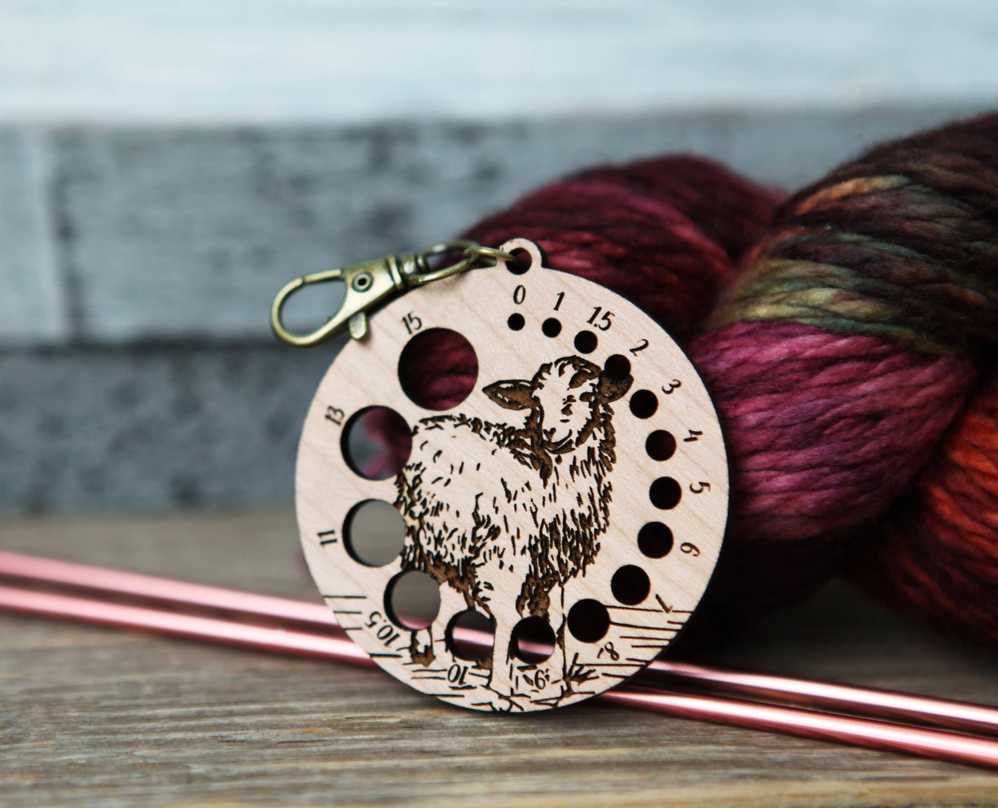 Cherry Wood Knitting Needle Gauge with Sheep & Bronze Clasp