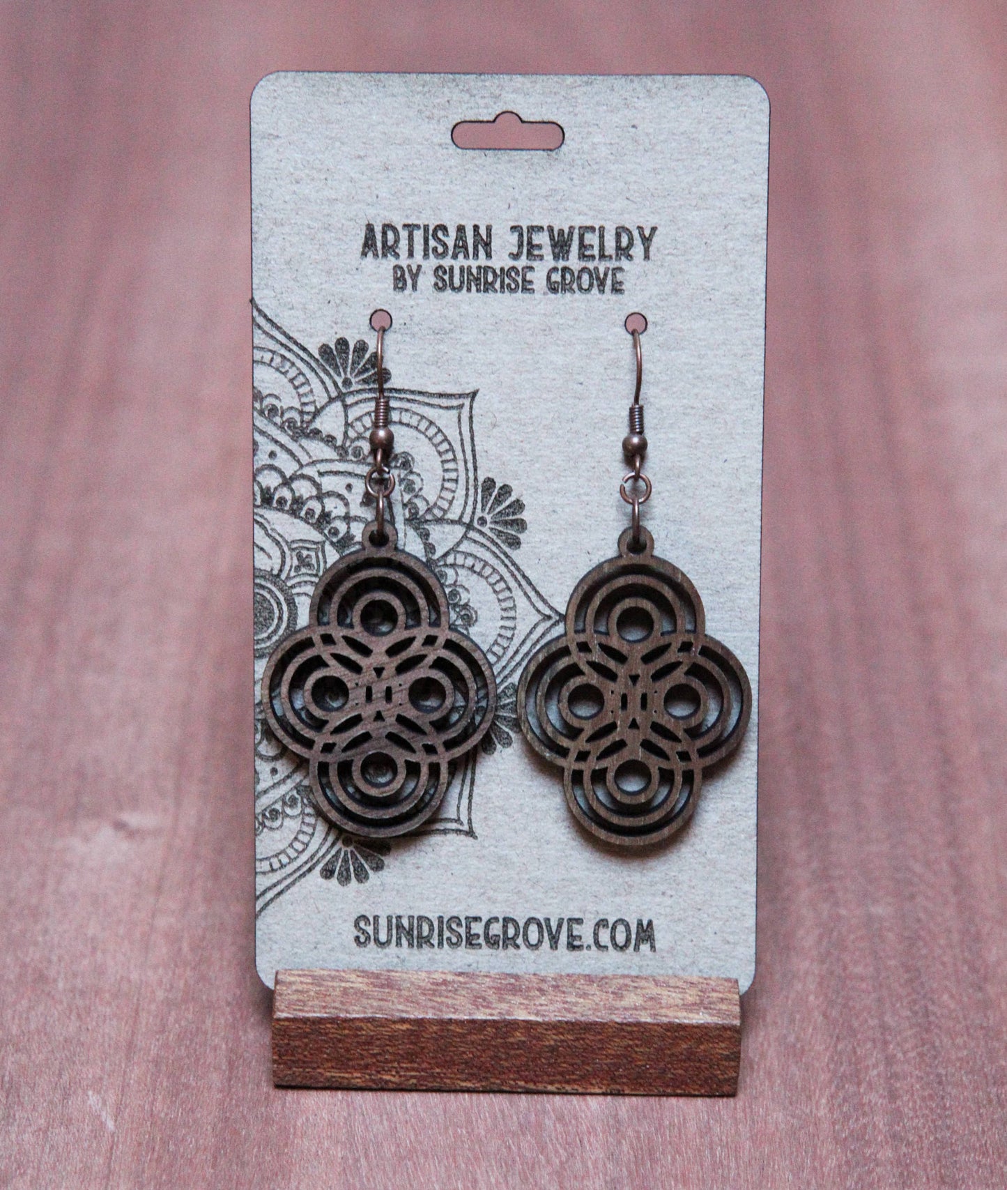 Boho Intersecting Circles Walnut Wood Laser Cut Earrings