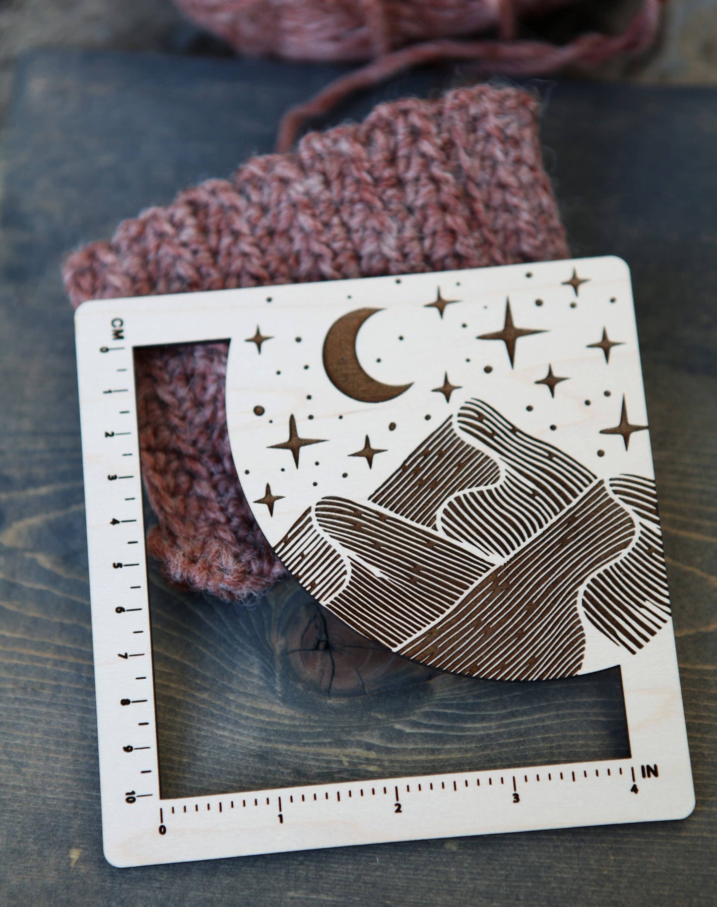 Maple Wood Moon & Stars Mountain Fiber Art Gauge