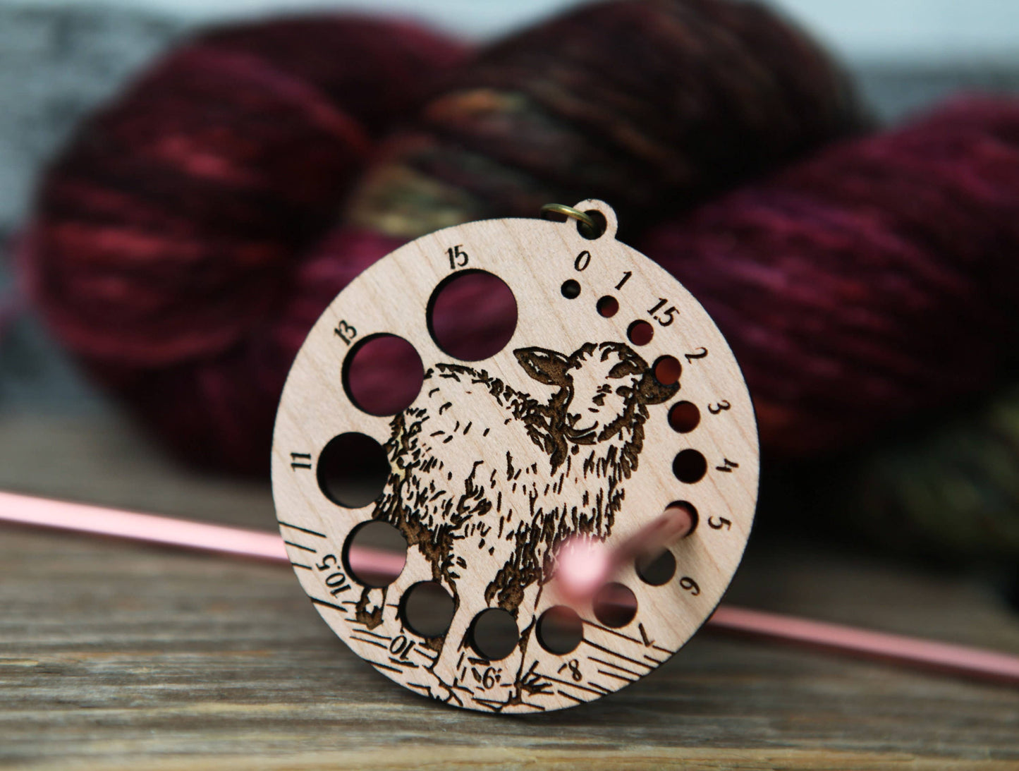 Cherry Wood Knitting Needle Gauge with Sheep & Bronze Clasp