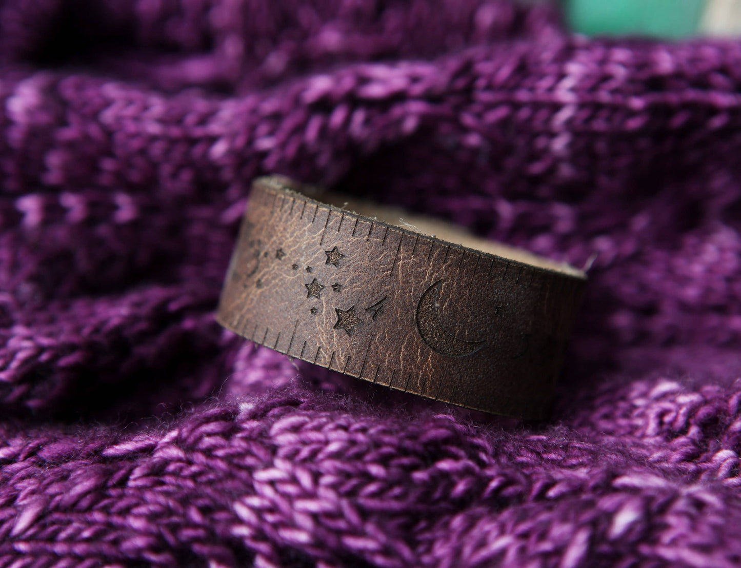 Leather Ruler Cuff with Bronze Stud for Knitting & Sewing