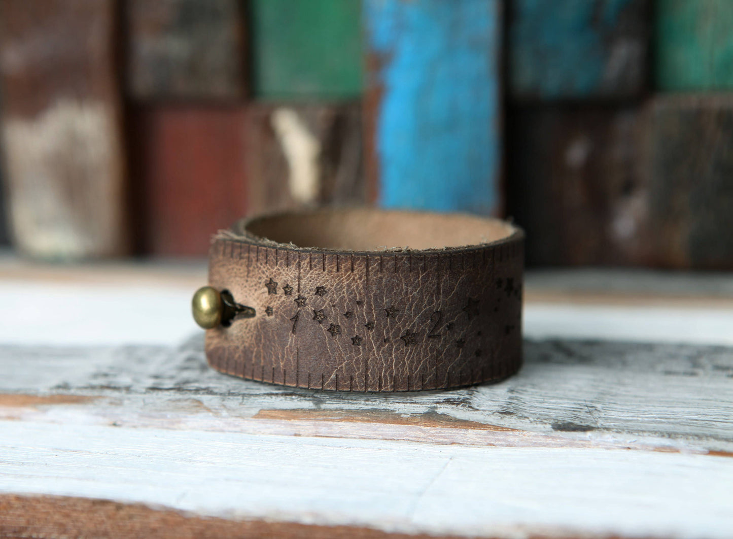 Leather Ruler Cuff with Bronze Stud for Knitting & Sewing