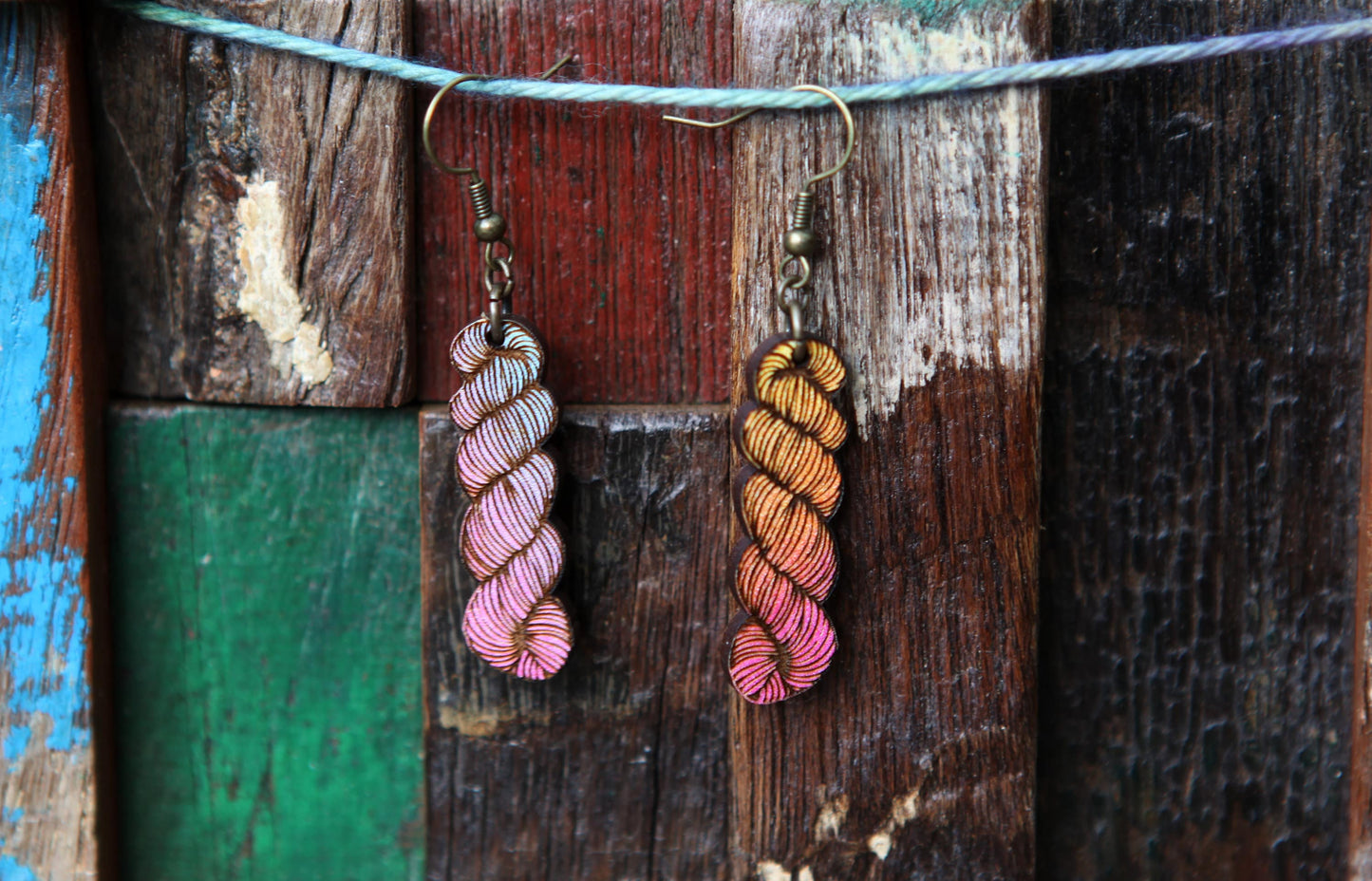 Yarn Hank Earrings - Mixed Colors/Wood for Fiber Enthusiasts