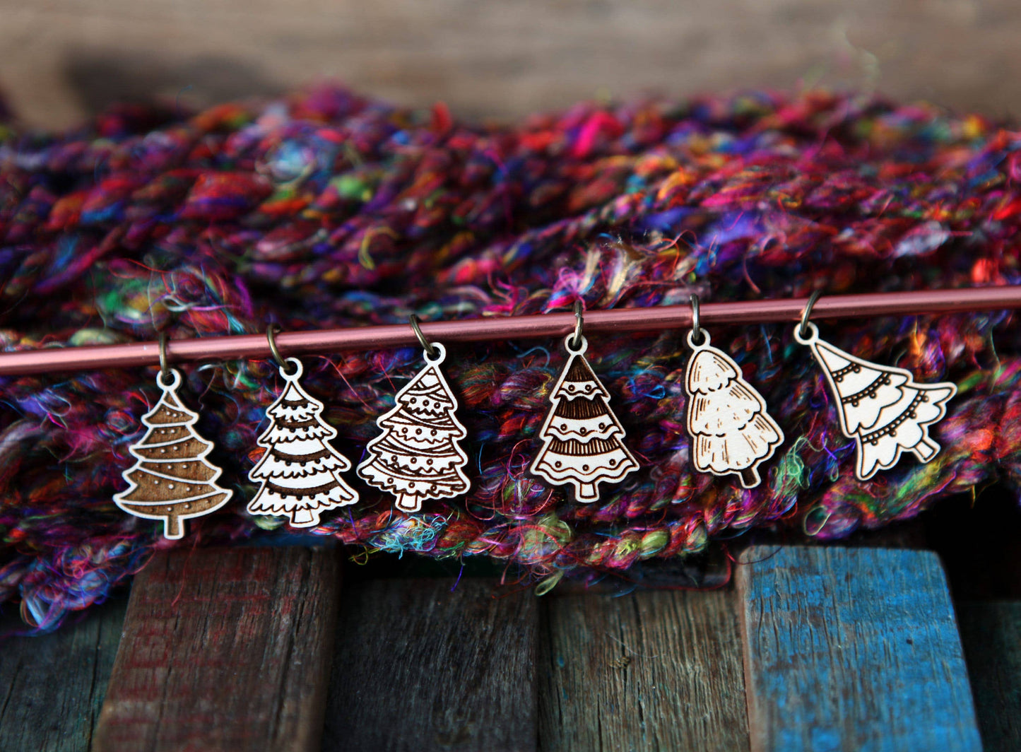 Maple Wood Christmas Tree Knitting Stitch Markers Set of 6