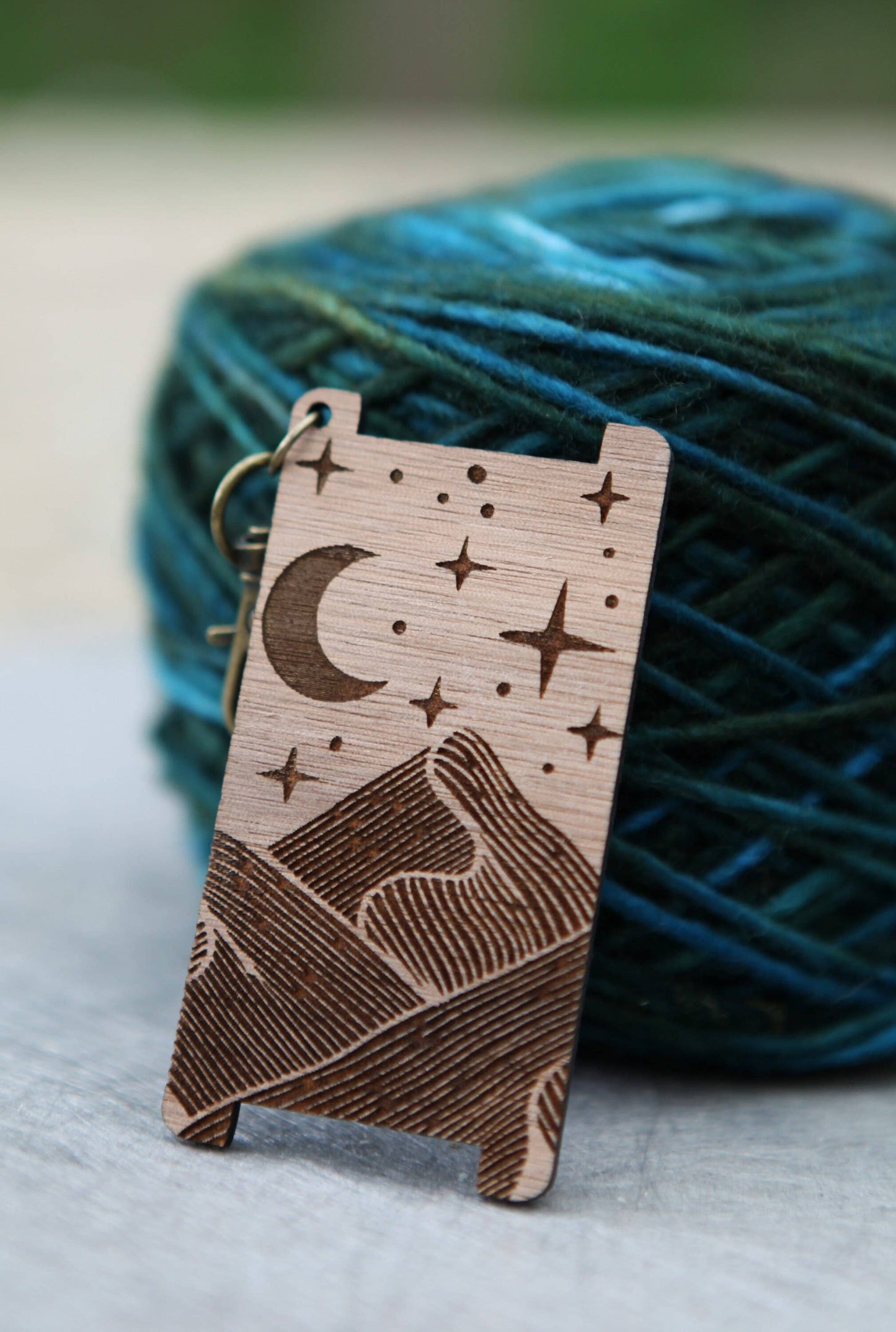 Mountains Stars Moon WPI Yarn Gauge Ruler, Walnut Wood