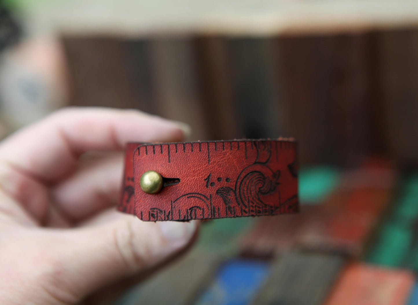 Leather Ruler Cuff with Bronze Stud for Knitting & Sewing