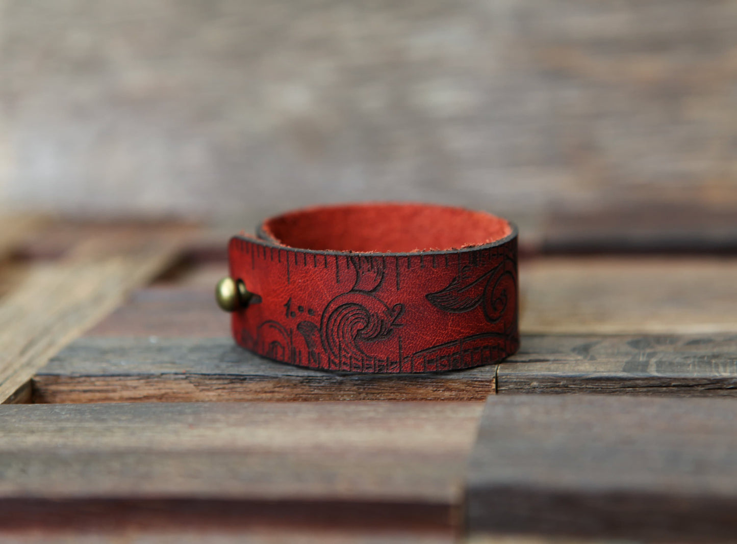 Leather Ruler Cuff with Bronze Stud for Knitting & Sewing