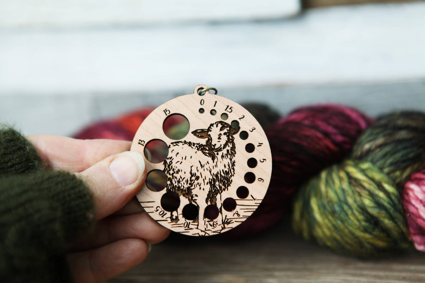 Cherry Wood Knitting Needle Gauge with Sheep & Bronze Clasp