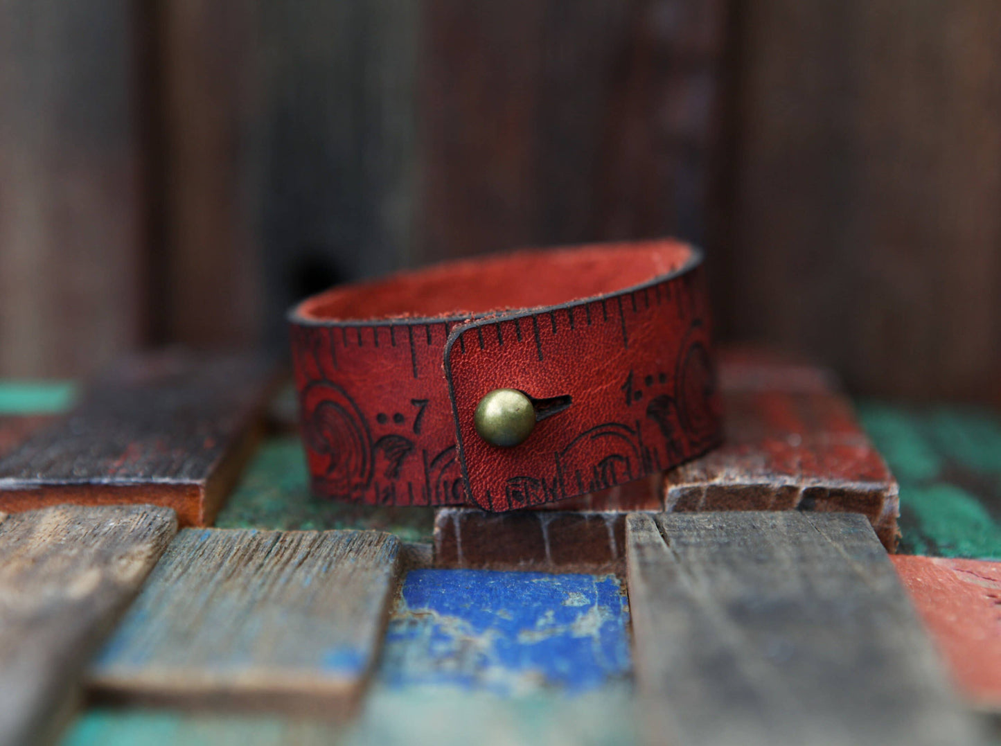 Leather Ruler Cuff with Bronze Stud for Knitting & Sewing