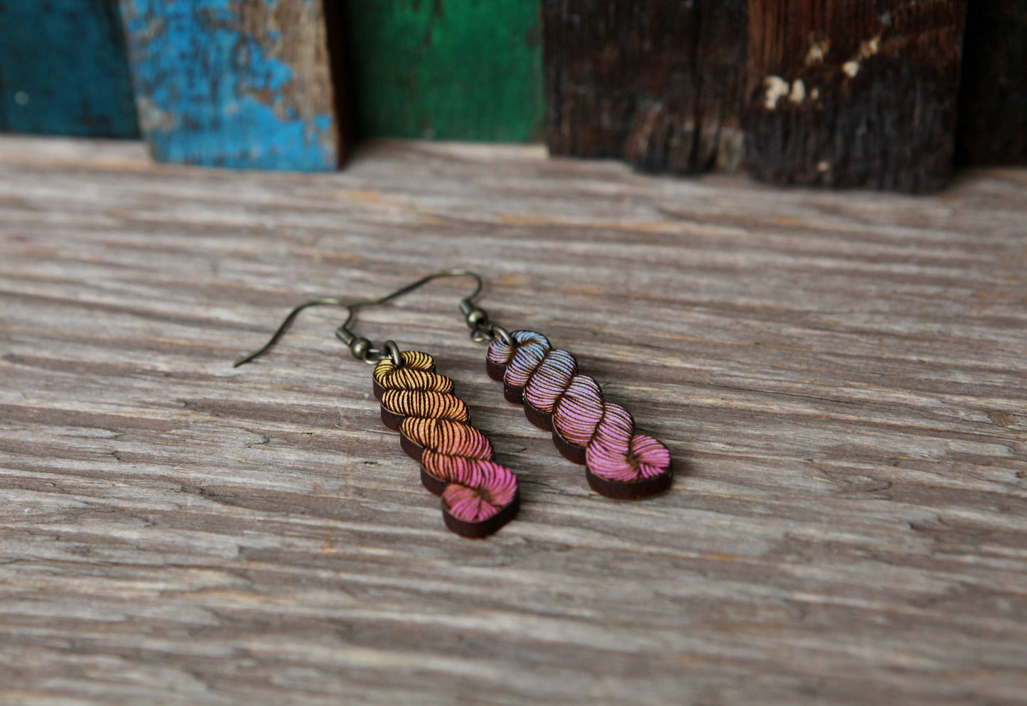 Yarn Hank Earrings - Mixed Colors/Wood for Fiber Enthusiasts